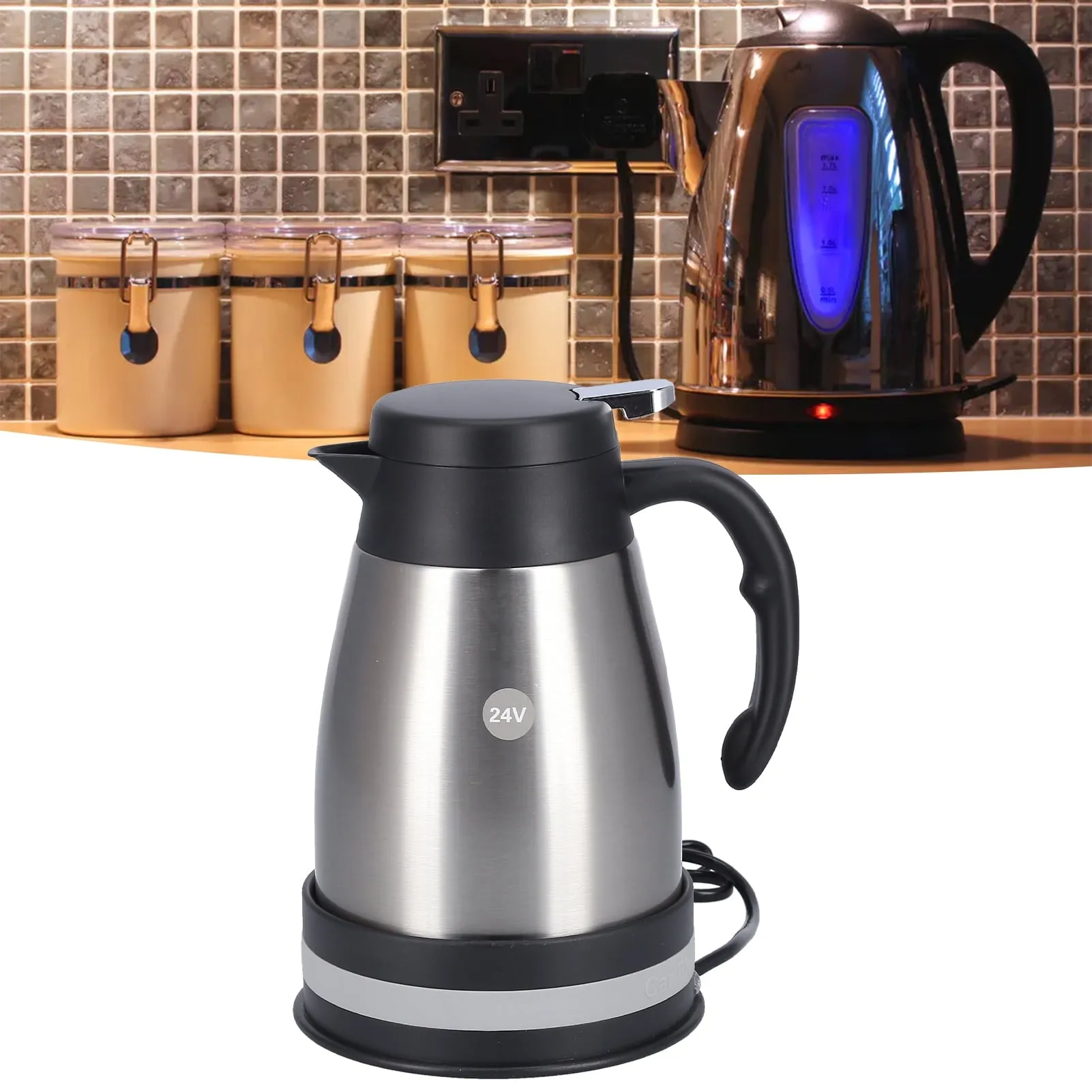 1300ml 24V car electric kettle stainless steel car kettle boiler cigarette lighter heating kettle mug electric travel warmer DC electric car teapot portable tea coffee water heater[silbrig]