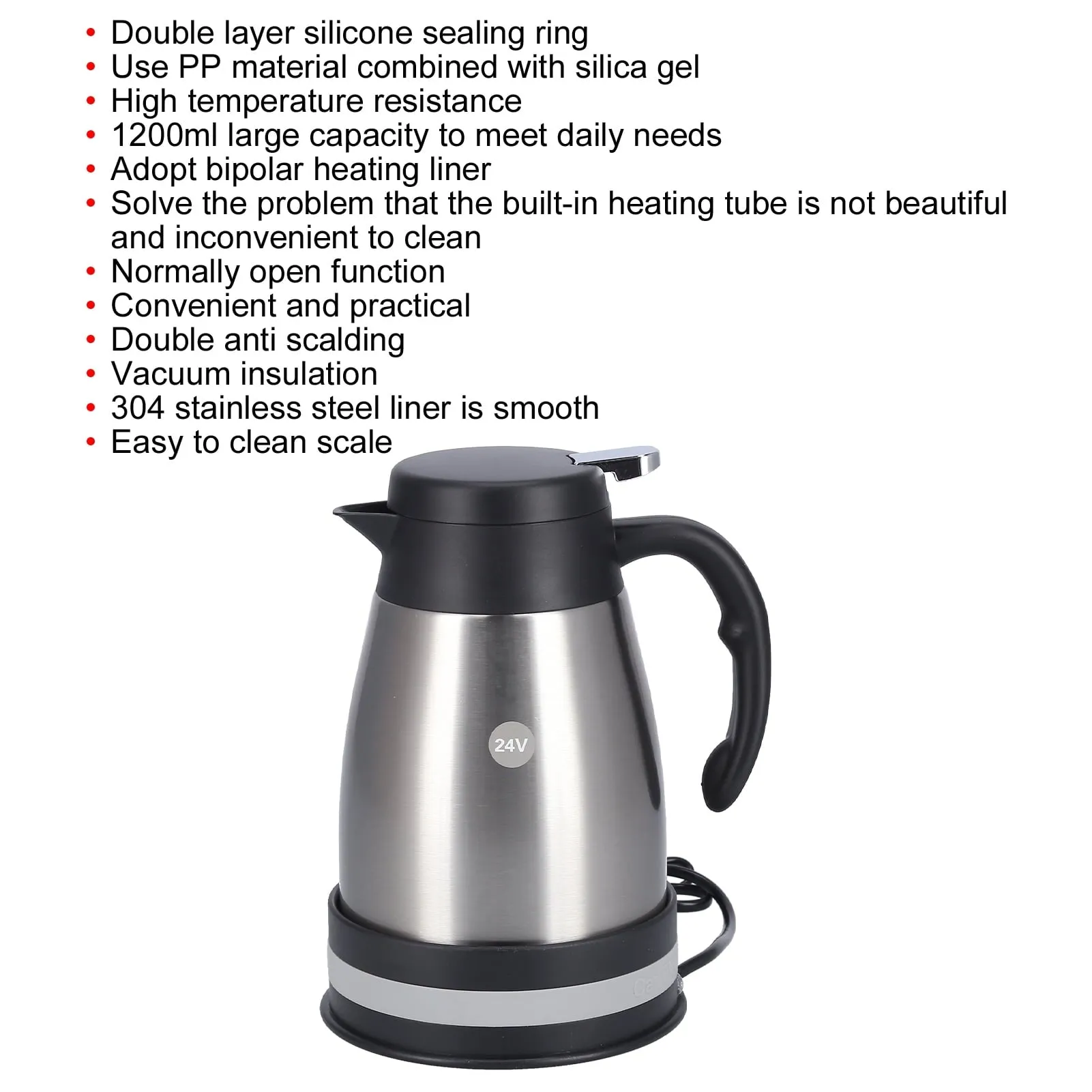 1300ml 24V car electric kettle stainless steel car kettle boiler cigarette lighter heating kettle mug electric travel warmer DC electric car teapot portable tea coffee water heater[silbrig]