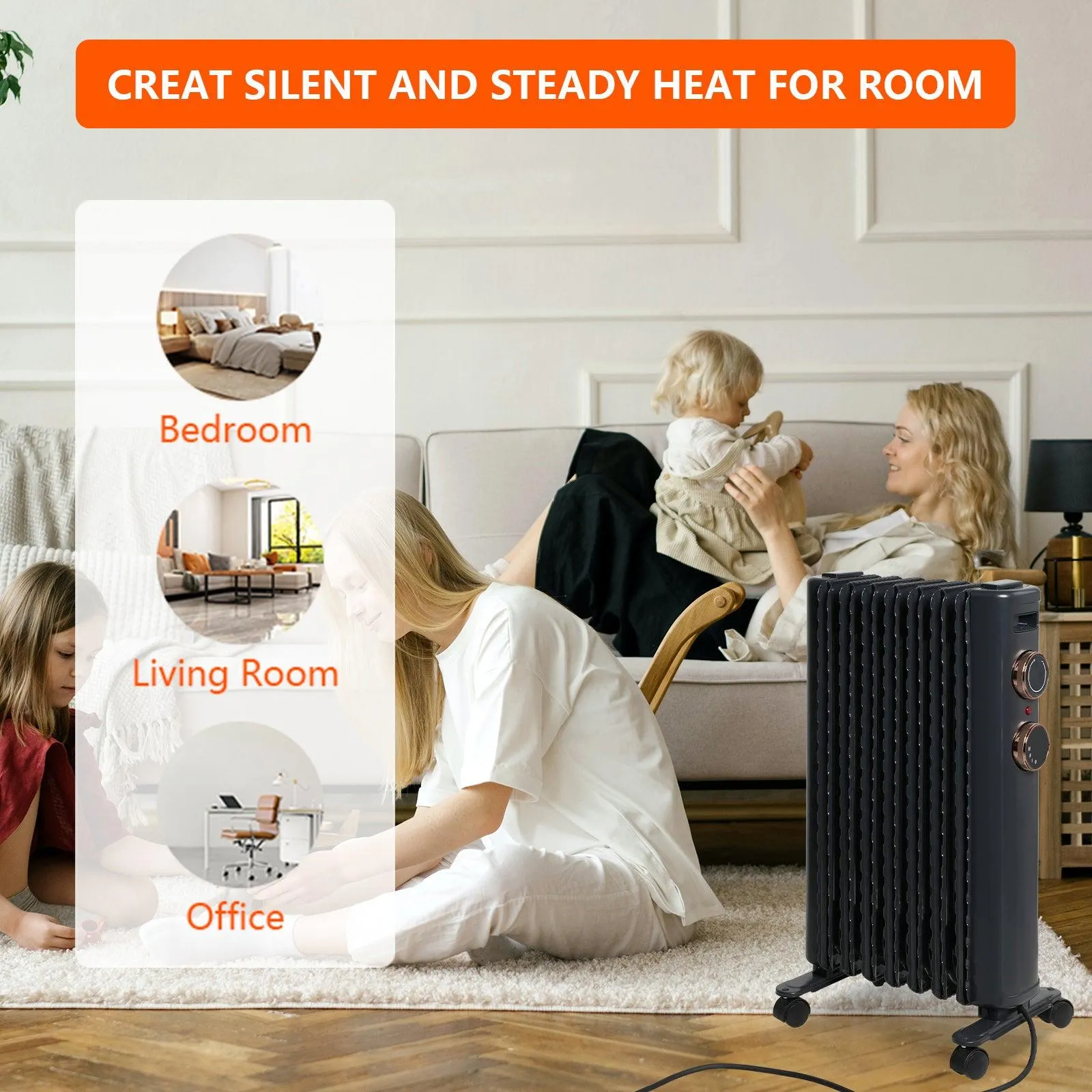 1500W Portable Electric Radiator Oil Filled Heater With 3 Heating Modes, Adjustable Thermostat, Matte Black