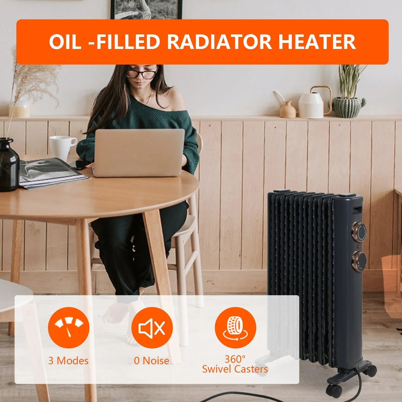 1500W Portable Electric Radiator Oil Filled Heater With 3 Heating Modes, Adjustable Thermostat, Matte Black