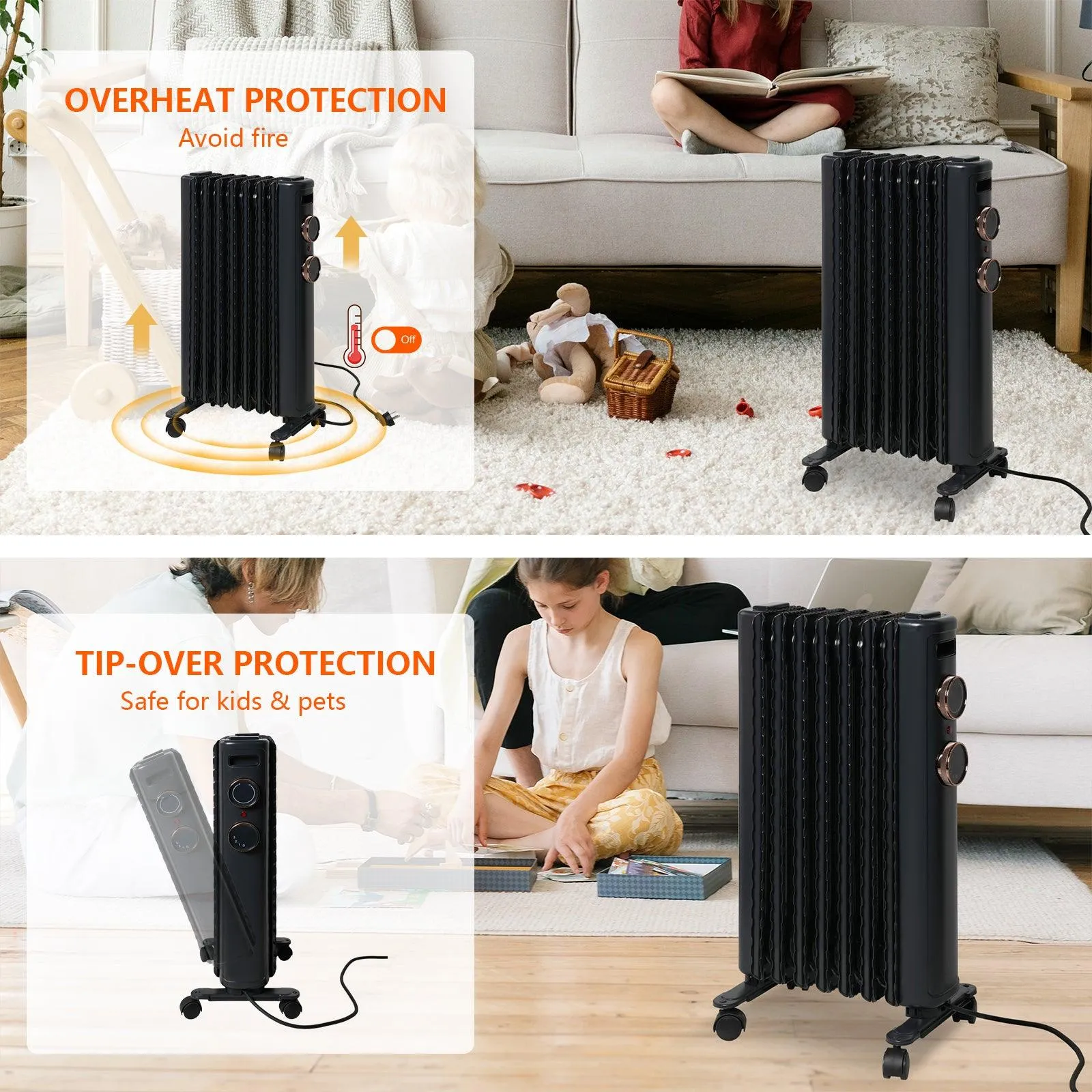 1500W Portable Electric Radiator Oil Filled Heater With 3 Heating Modes, Adjustable Thermostat, Matte Black