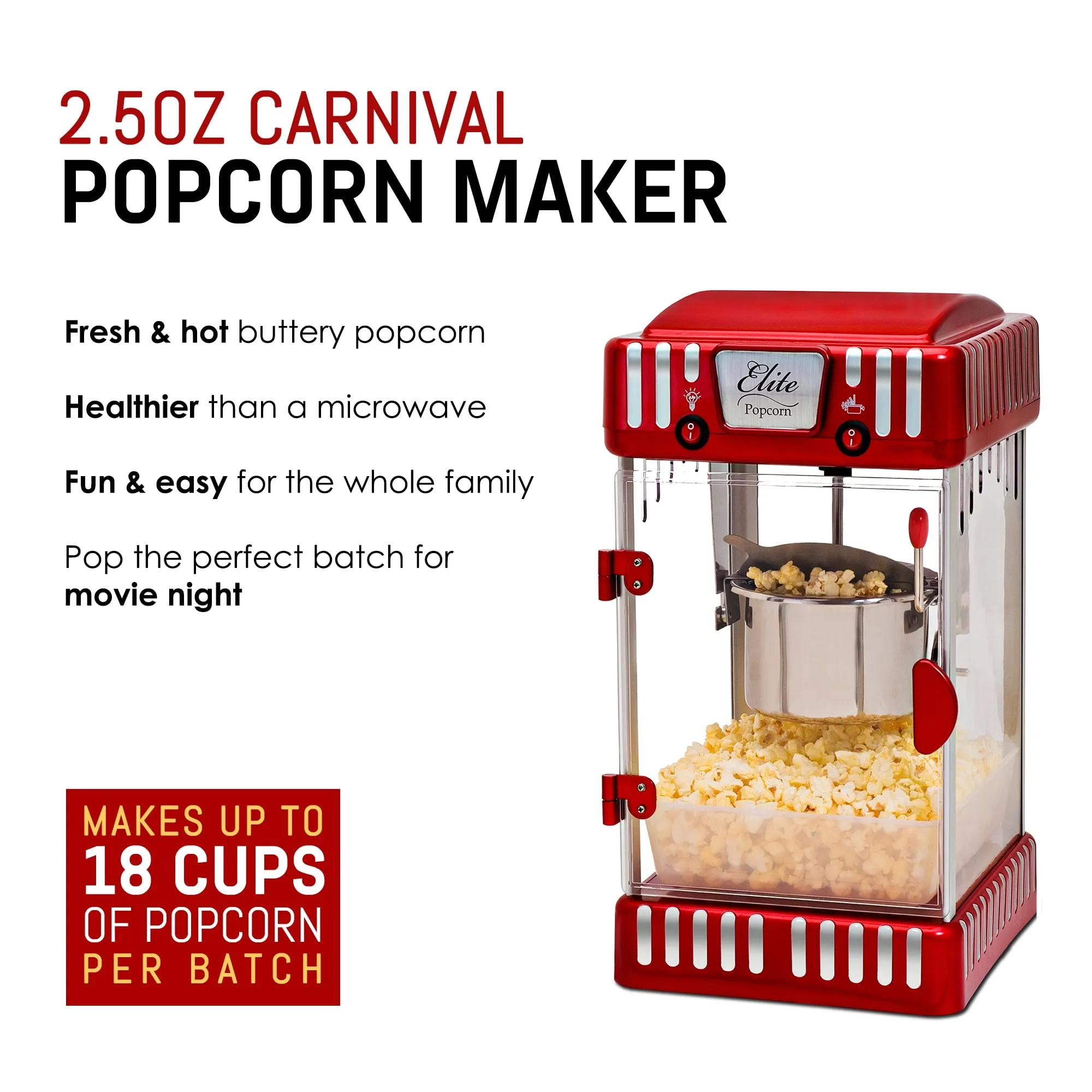 2.5oz Classic Carnival Tabletop Kettle Popcorn Popper Machine, Retro-Style