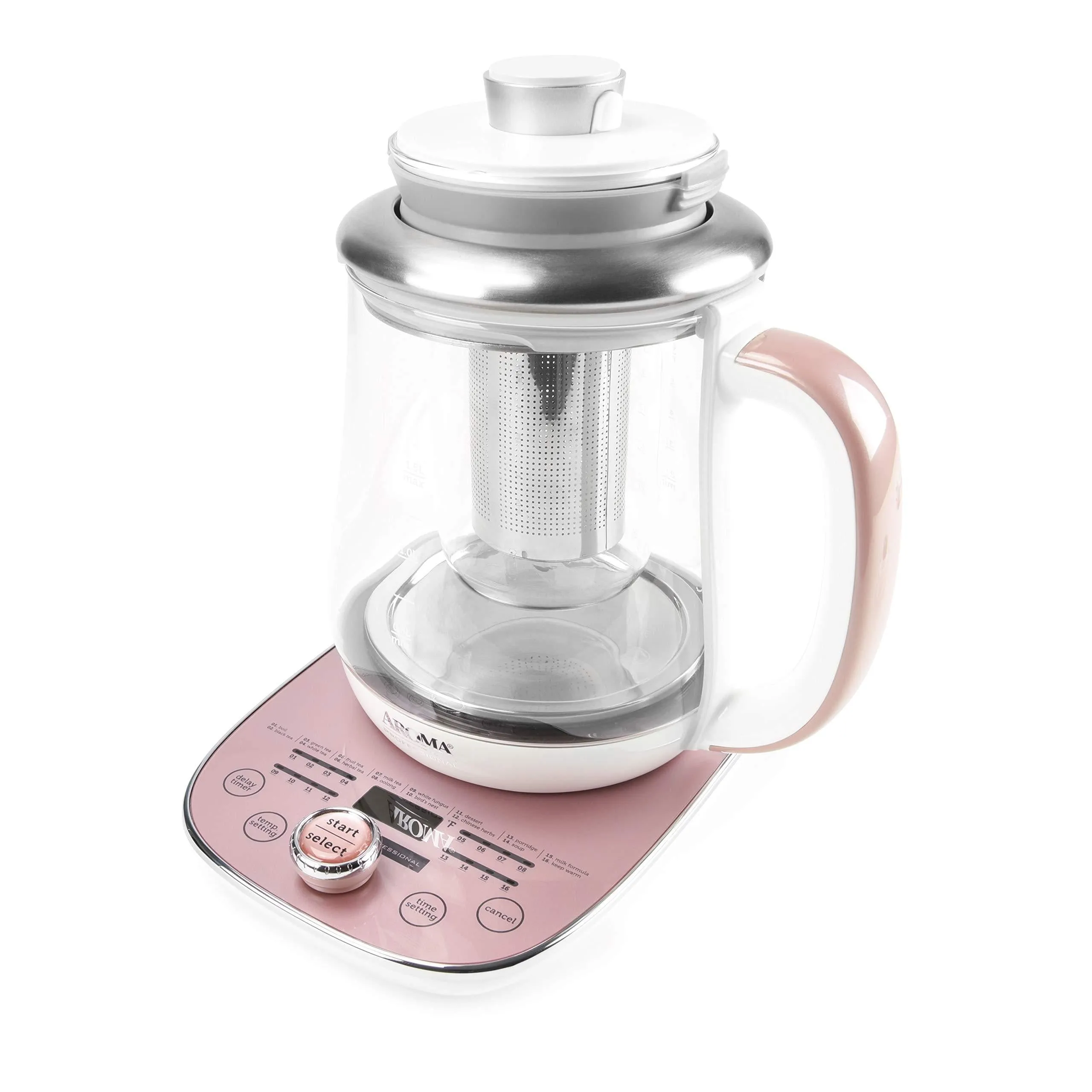 Aroma Professional AWK-701 16-in-1 Nutri-Water, Green, Fruit, Flower Tea, Coffee, Multi-Use Kettle, Delay Timer, 1.5L, Pink