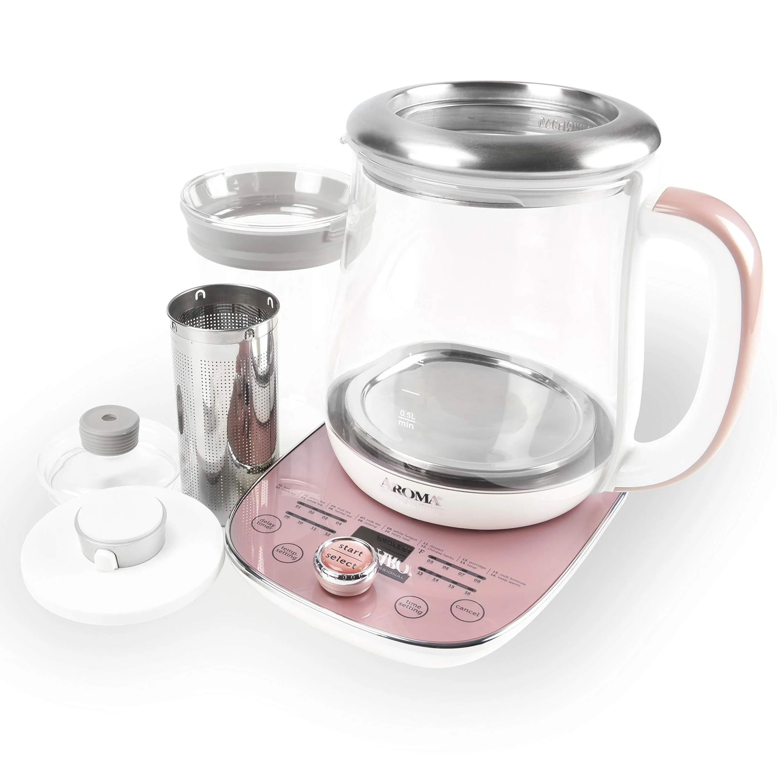 Aroma Professional AWK-701 16-in-1 Nutri-Water, Green, Fruit, Flower Tea, Coffee, Multi-Use Kettle, Delay Timer, 1.5L, Pink