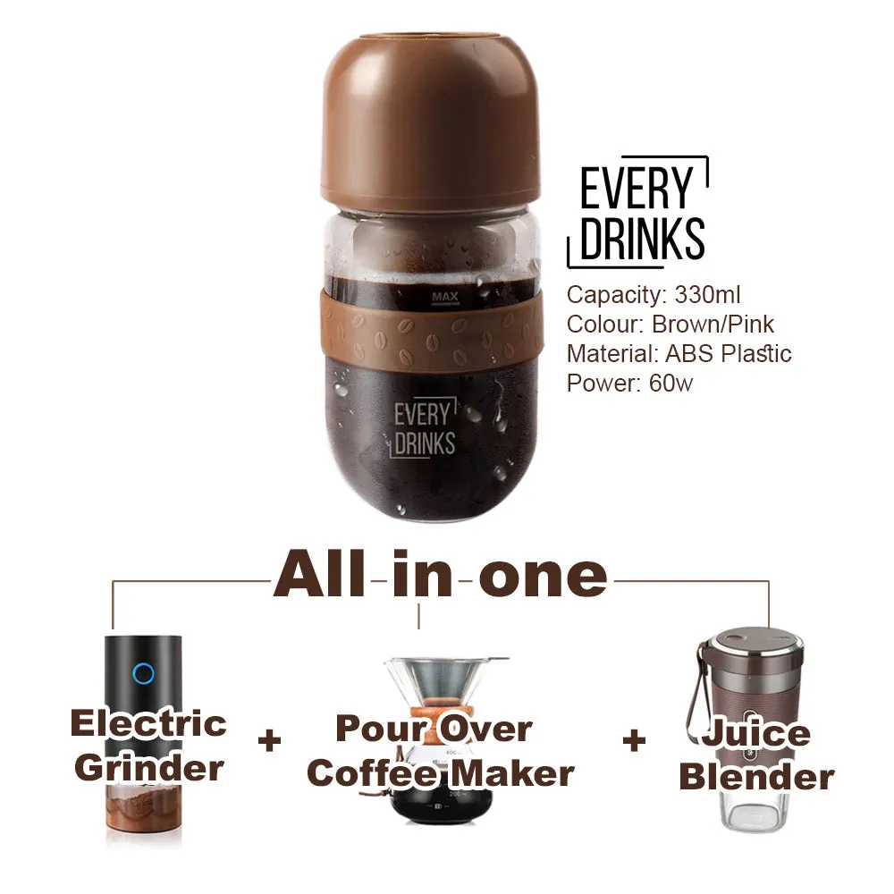 Brown All in1 Anywhere Portable Drip Pour Over Coffee Maker   Electric Grinder   Juice Blender Anywhere Freshly Ground Coffee