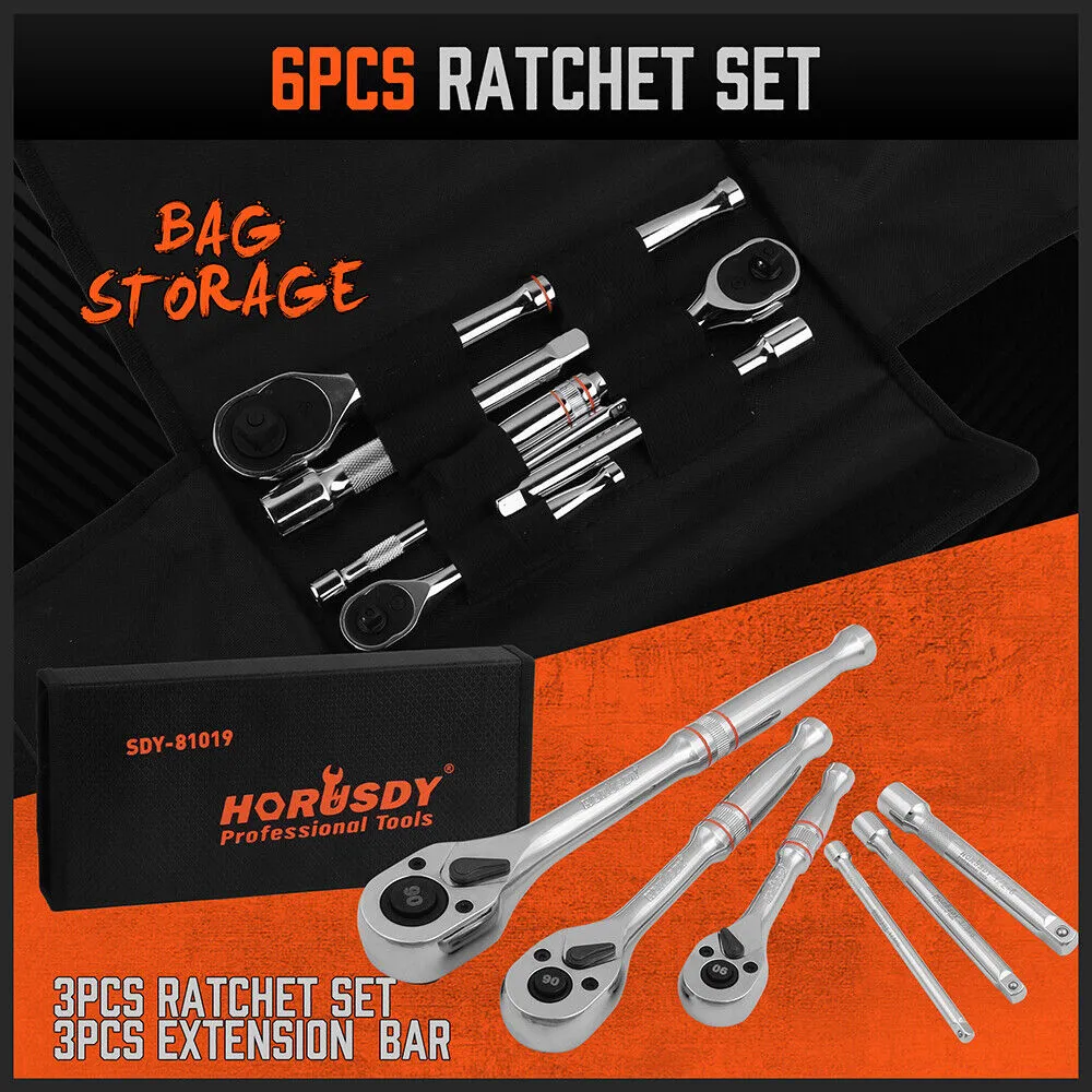 Compact 90 Tooth Ratchet Spanner Set with Extension Bars