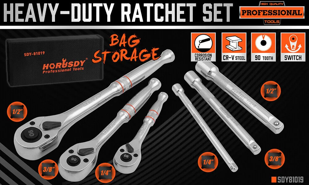 Compact 90 Tooth Ratchet Spanner Set with Extension Bars