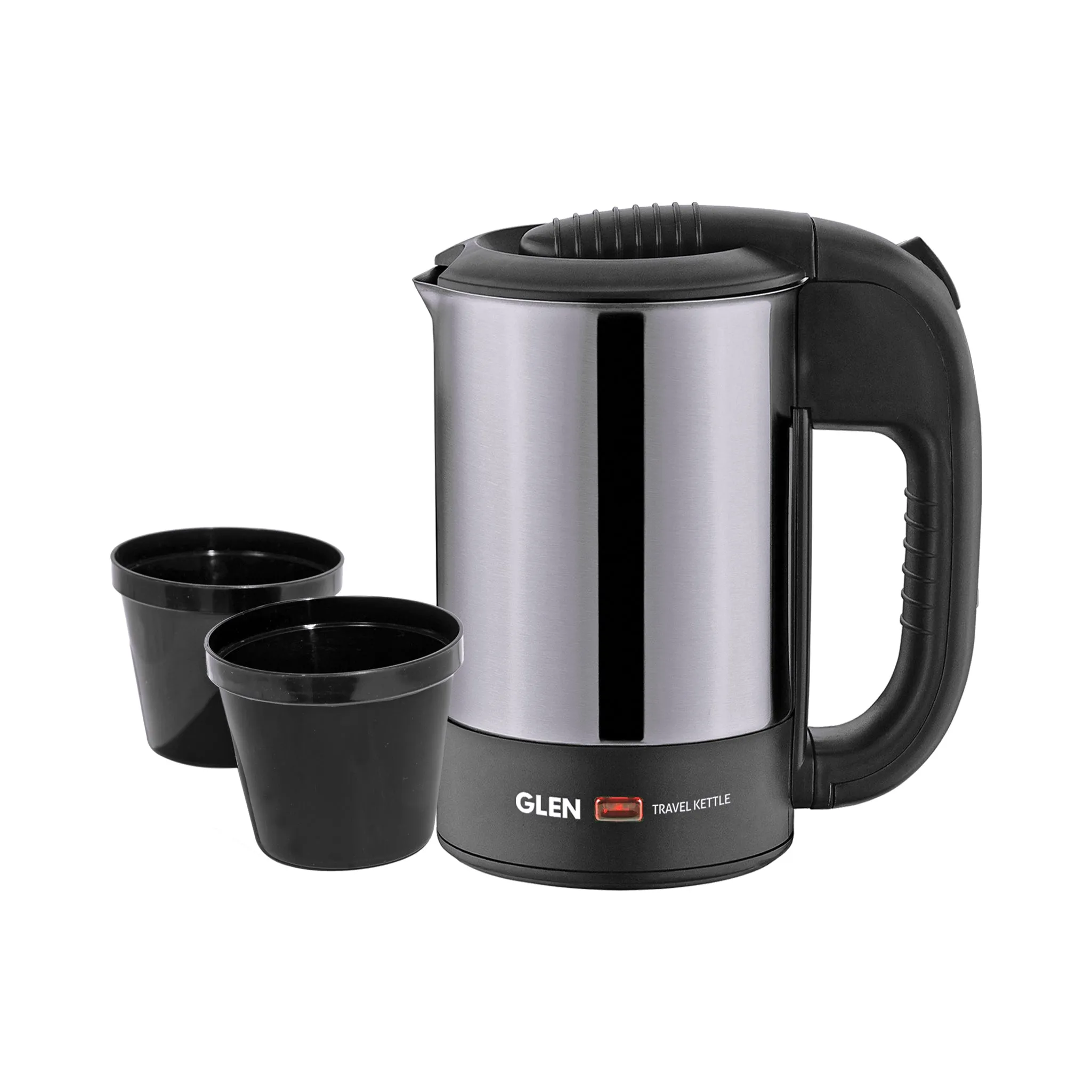 Electric Travel Kettle 0.5 Litre Stainless Steel 2 Plastic cups, Auto Shut-off 1000 W -Silver and Black (9013)