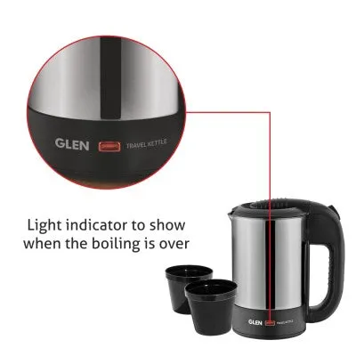 Electric Travel Kettle 0.5 Litre Stainless Steel 2 Plastic cups, Auto Shut-off 1000 W -Silver and Black (9013)