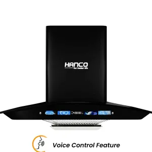 Hanco Voice Control Smart Hood HDE-64-Smart 600 to 900 mm, 3 Speed Touch Panel, Motion Sensor, Voice Control, Digital Screen Display, Double Bearing Copper Motor, Boat Filter with Big SS Oli Cup.