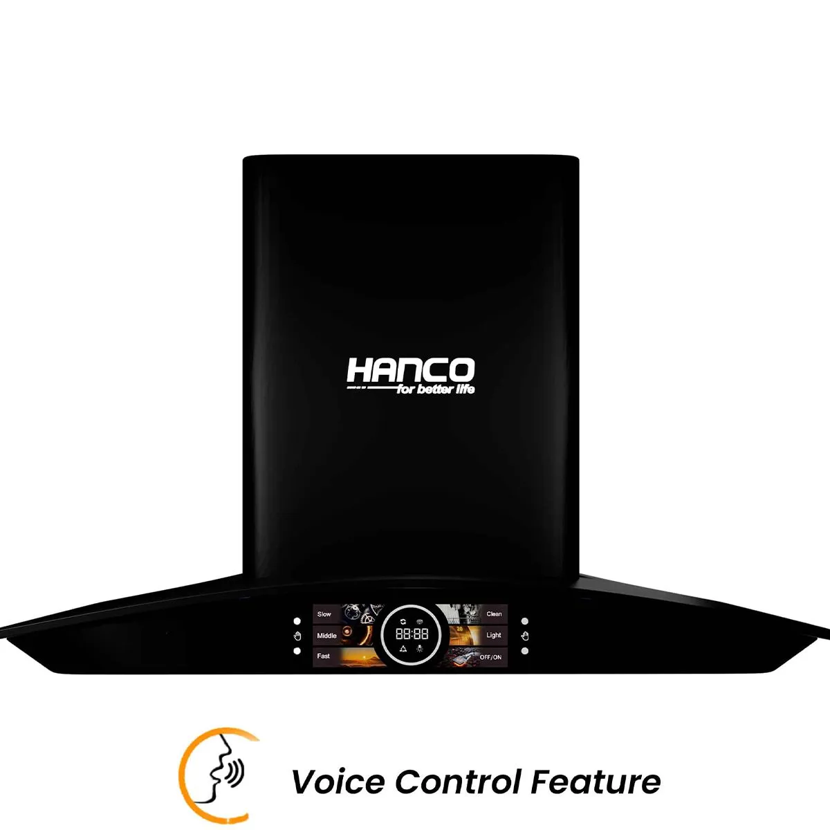 Hanco Voice Control Smart Hood HDE-86-Smart 600 to 900 mm, 3 Speed Touch Panel, Motion Sensor, Voice Control, Digital Screen Display, Double Bearing Copper Motor, Boat Filter with Big SS Oli Cup.