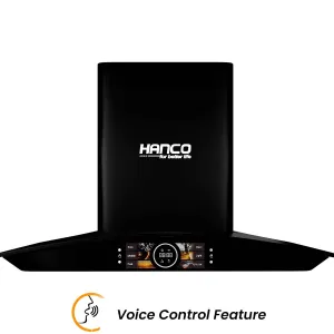 Hanco Voice Control Smart Hood HDE-86-Smart 600 to 900 mm, 3 Speed Touch Panel, Motion Sensor, Voice Control, Digital Screen Display, Double Bearing Copper Motor, Boat Filter with Big SS Oli Cup.