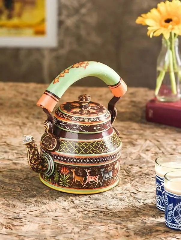 KAUSHALAM HAND PAINTED TEA CETTLE:TIGHER WITH DEAR