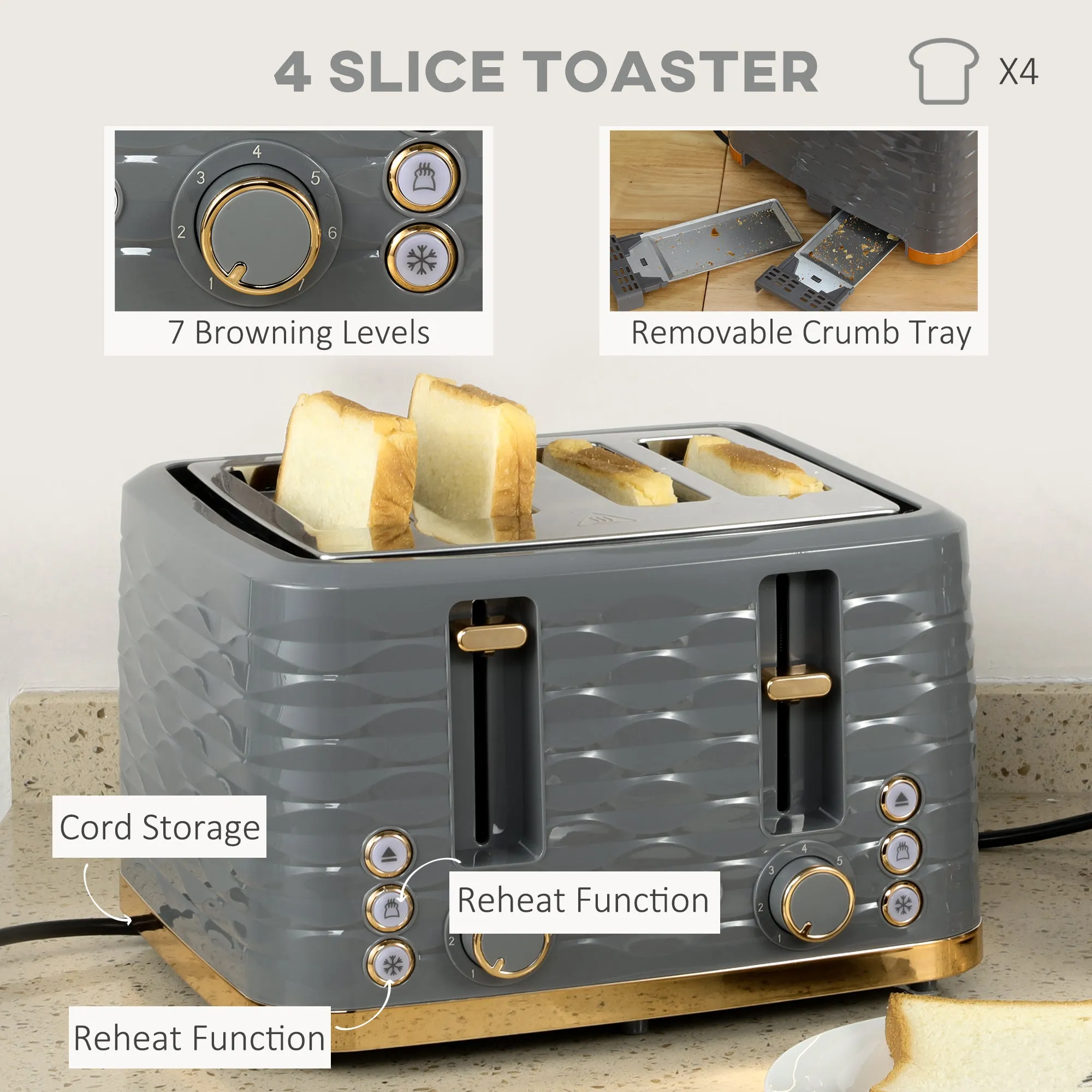 Kettle and Toaster Sets, 1600W 1.7L Rapid Boil Kettle & 4 Slice Toaster w/7 Browning Controls Defrost Reheat Crumb Tray Otter thermostat Grey