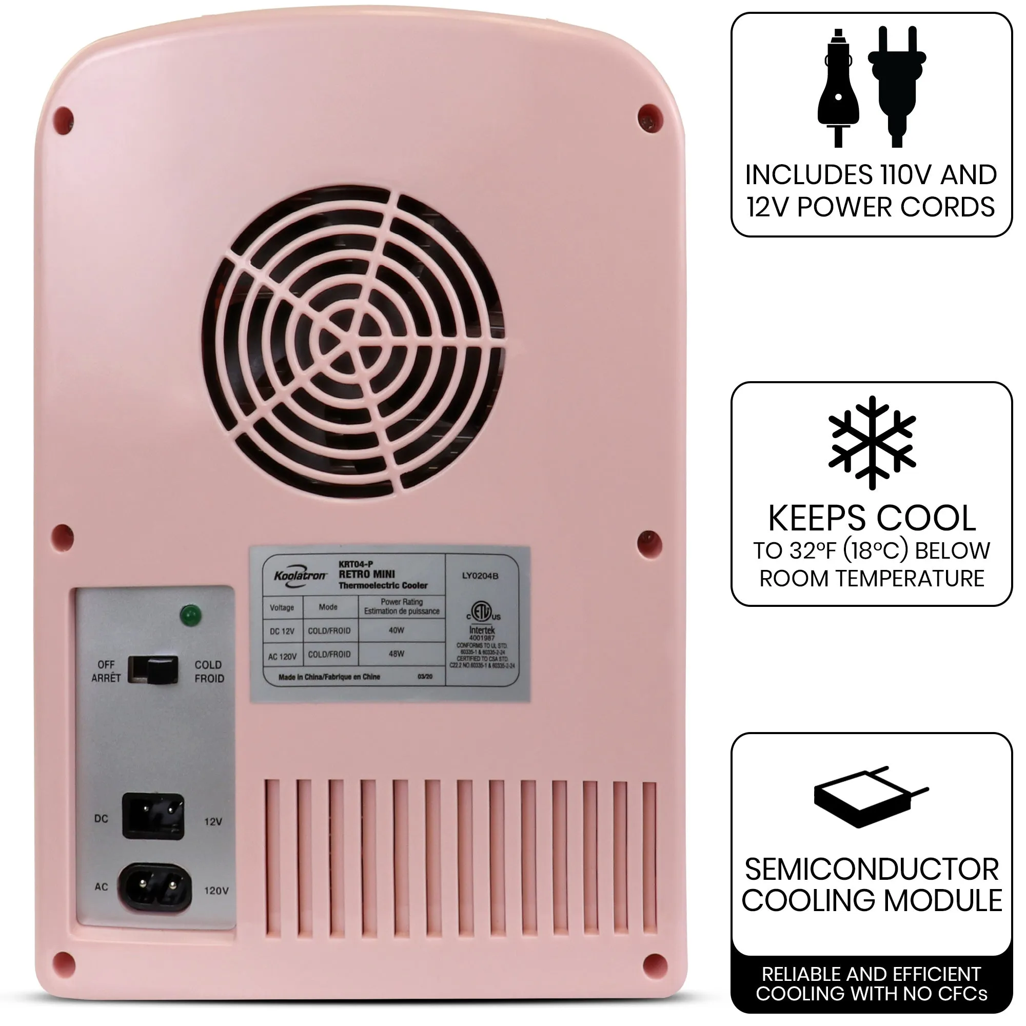 Koolatron 4L Retro Portable Mini Fridge w/ 12V DC and 110V AC Cords, 6 Can Personal Cooler for Snacks, Beverages, Skincare, Beauty Serum, Face Mask, Desktop Accessory for Home Office Dorm Travel, Pink