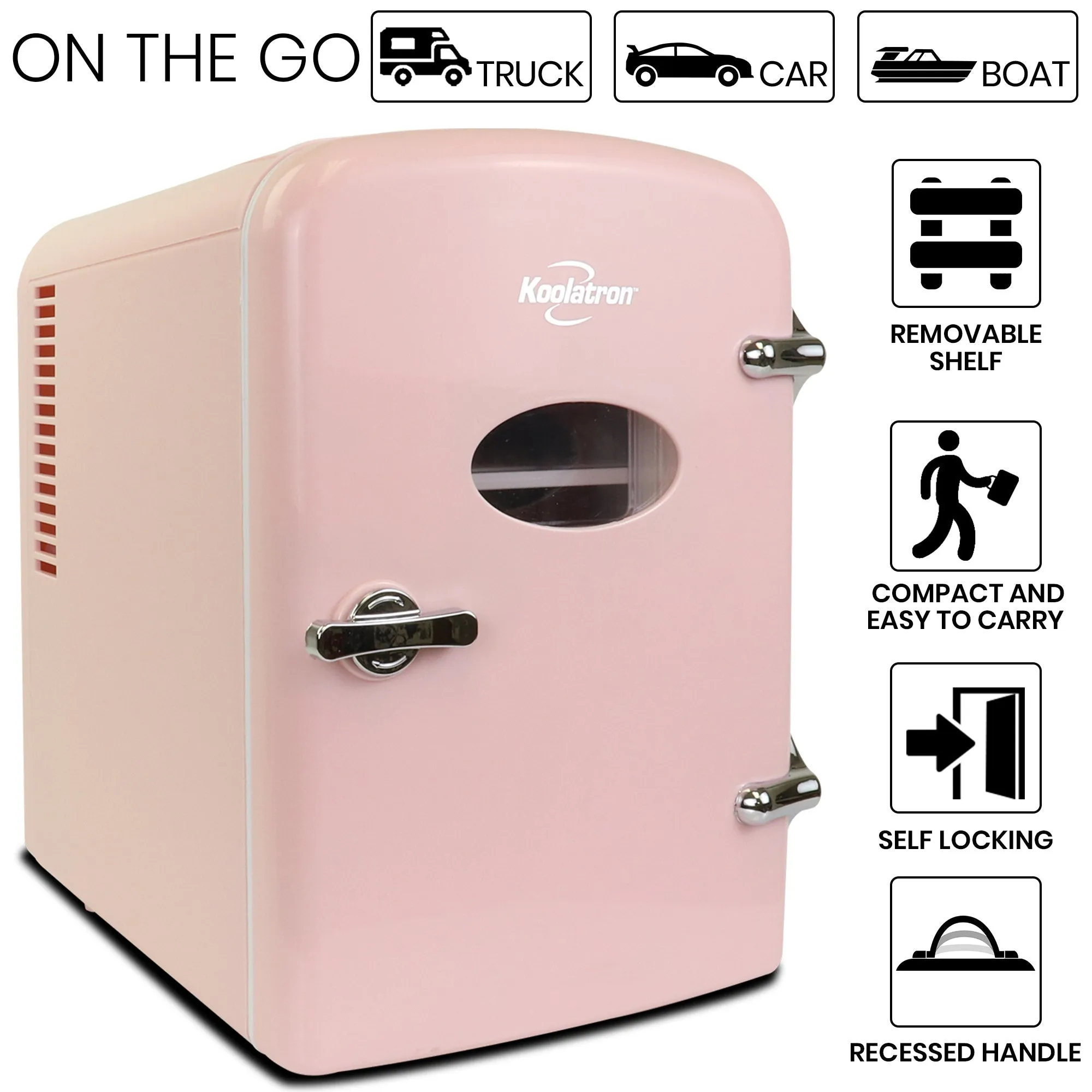 Koolatron 4L Retro Portable Mini Fridge w/ 12V DC and 110V AC Cords, 6 Can Personal Cooler for Snacks, Beverages, Skincare, Beauty Serum, Face Mask, Desktop Accessory for Home Office Dorm Travel, Pink