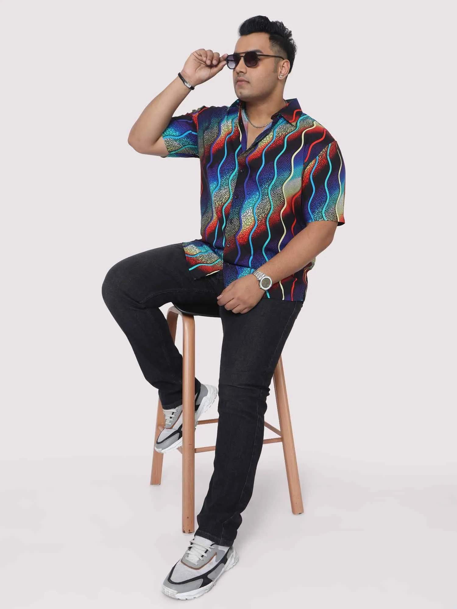 Men Plus Size Wavy mosaic art Digital Printed Half Shirt