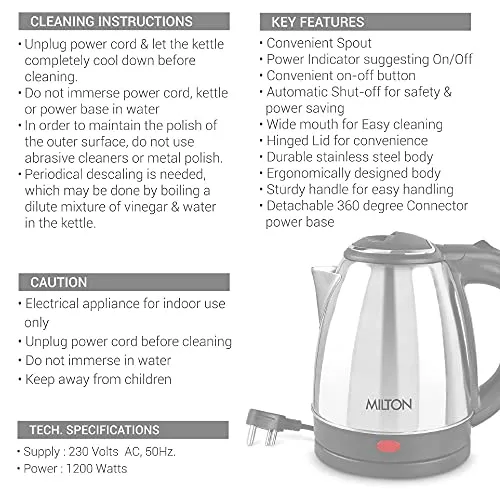 Milton Insta Electric 1200 Stainless Steel Kettle, 1.2 Litres, Silver