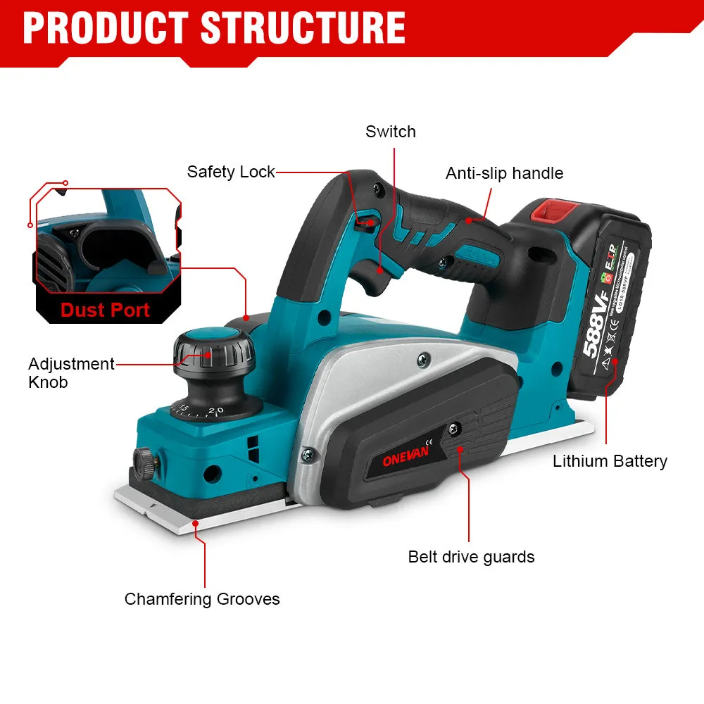 ONEVAN 2-Piece Combo Kit: 13mm Brushless Electric Drill & 18V Cordless Handheld Planer with 6.0Ah Battery