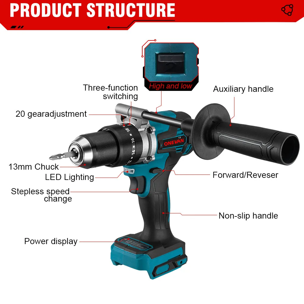 ONEVAN 13mm Electric Drill & 18V Handheld Planer Brushless Cordless 2‑Pc. Combo Kit 6.0Ah