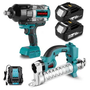 ONEVAN 3/4" 3100N·m Impact Wrench & 10000PSL Grease Gun Brushless Cordless 2‑Pc. Combo Kit 6.0Ah