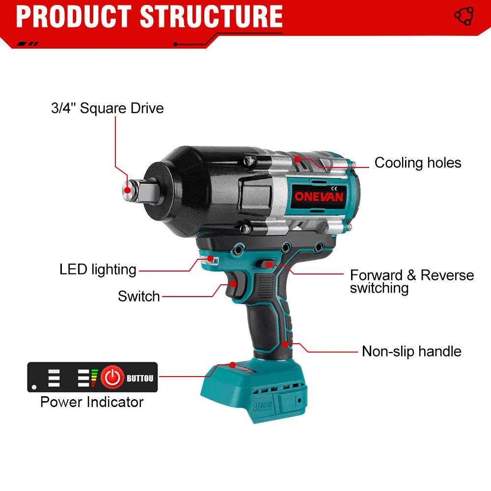 ONEVAN 3/4" 3100N·m Impact Wrench & 10000PSL Grease Gun Brushless Cordless 2‑Pc. Combo Kit 6.0Ah