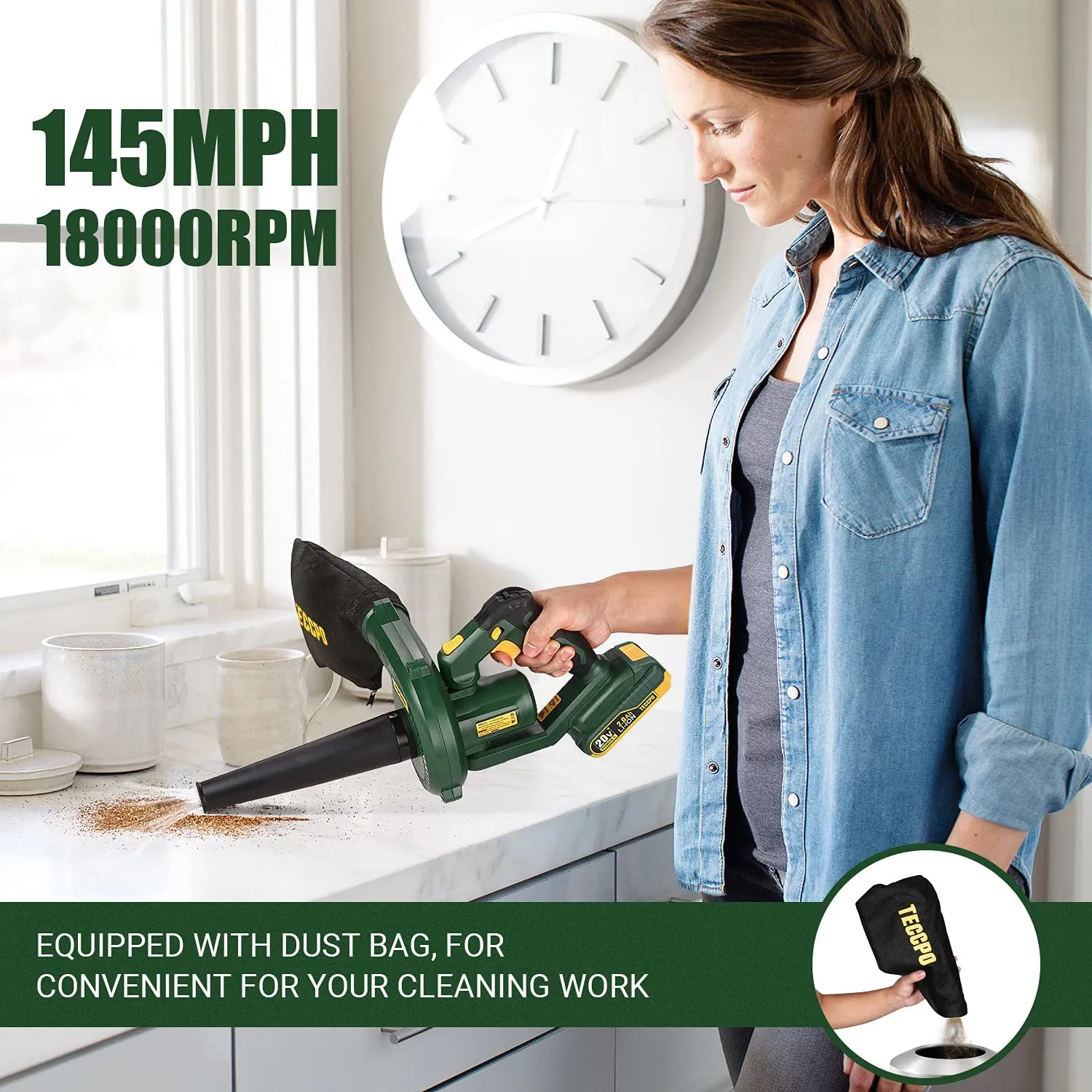 TECCPO Cordless Blower/Sweeper, 20V 2.0Ah Battery and Charger, 145MPH, 18000RPM, Dust Bag, Extended Tube, 3-Speed for Blowing Dust, Small Trash, Car, Computer Host, Hard to Clean Corner — PMBL01D