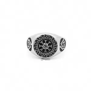 Valknut Stainless Steel Ring with Helm of Awe Symbol