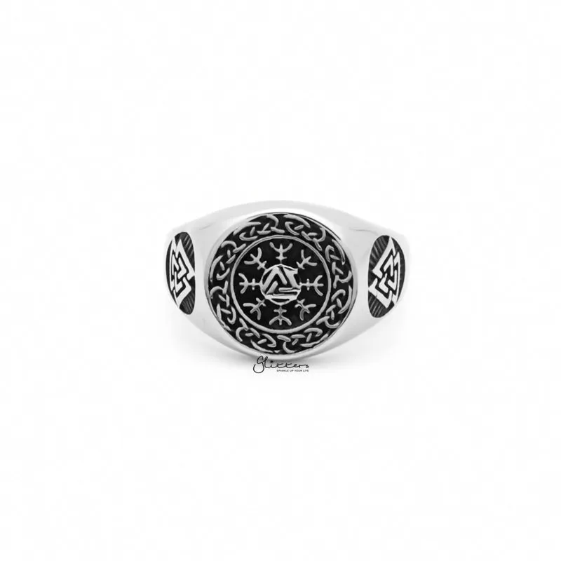 Valknut Stainless Steel Ring with Helm of Awe Symbol