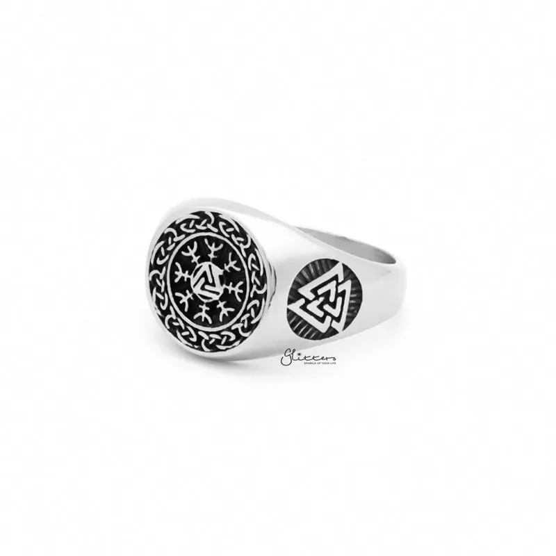 Valknut Stainless Steel Ring with Helm of Awe Symbol