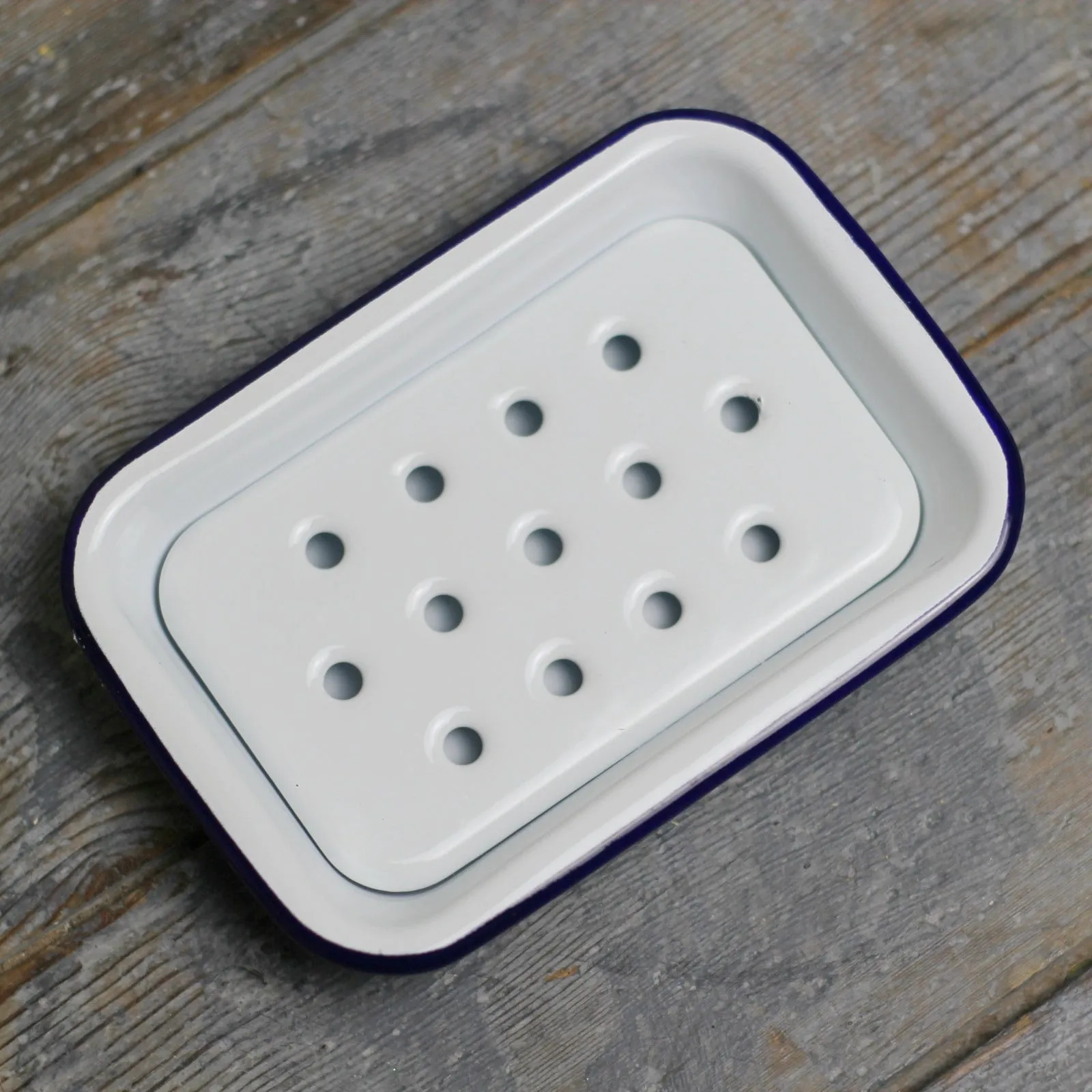 White Enamel Soap Dish - Blue Rim