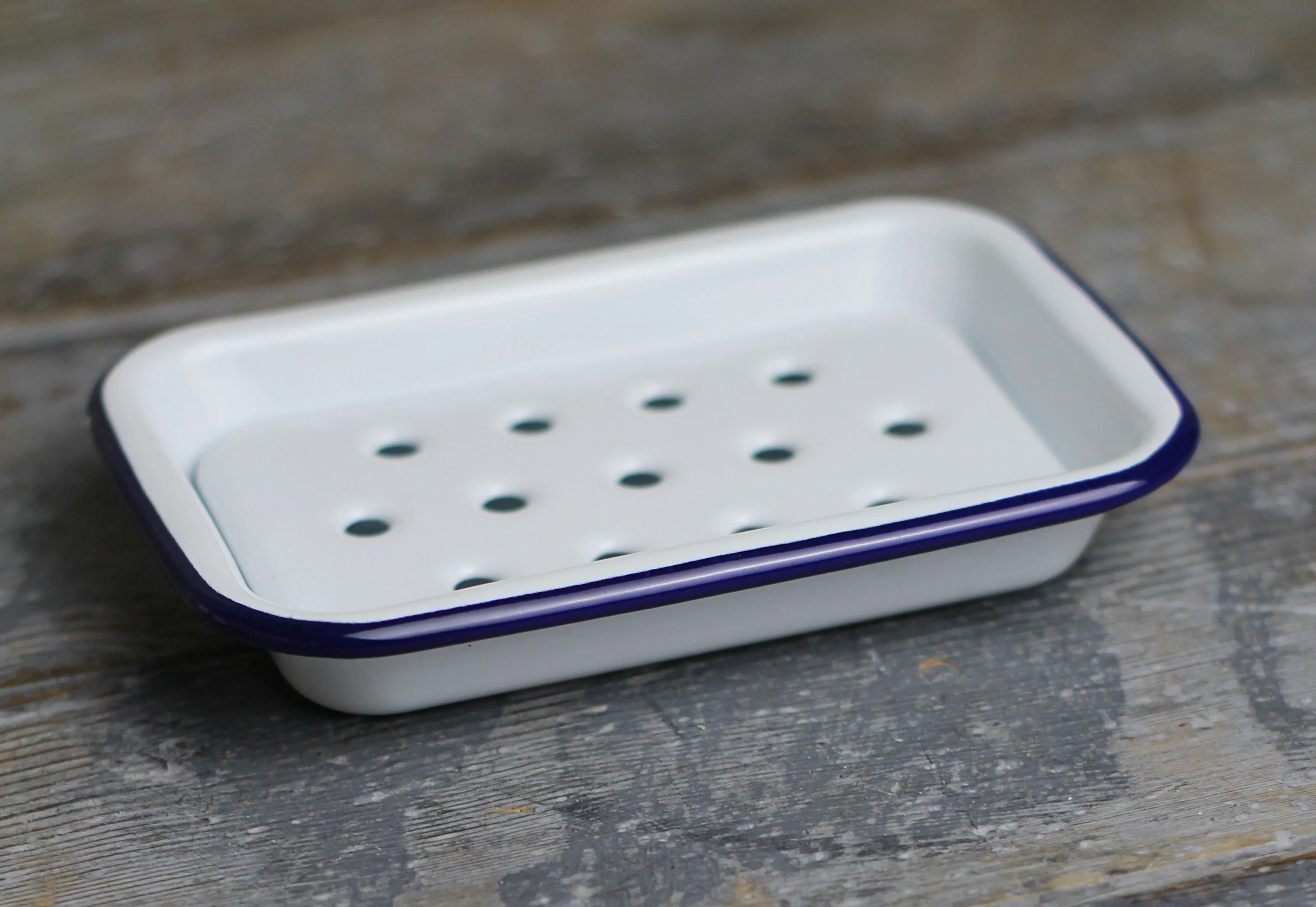 White Enamel Soap Dish - Blue Rim